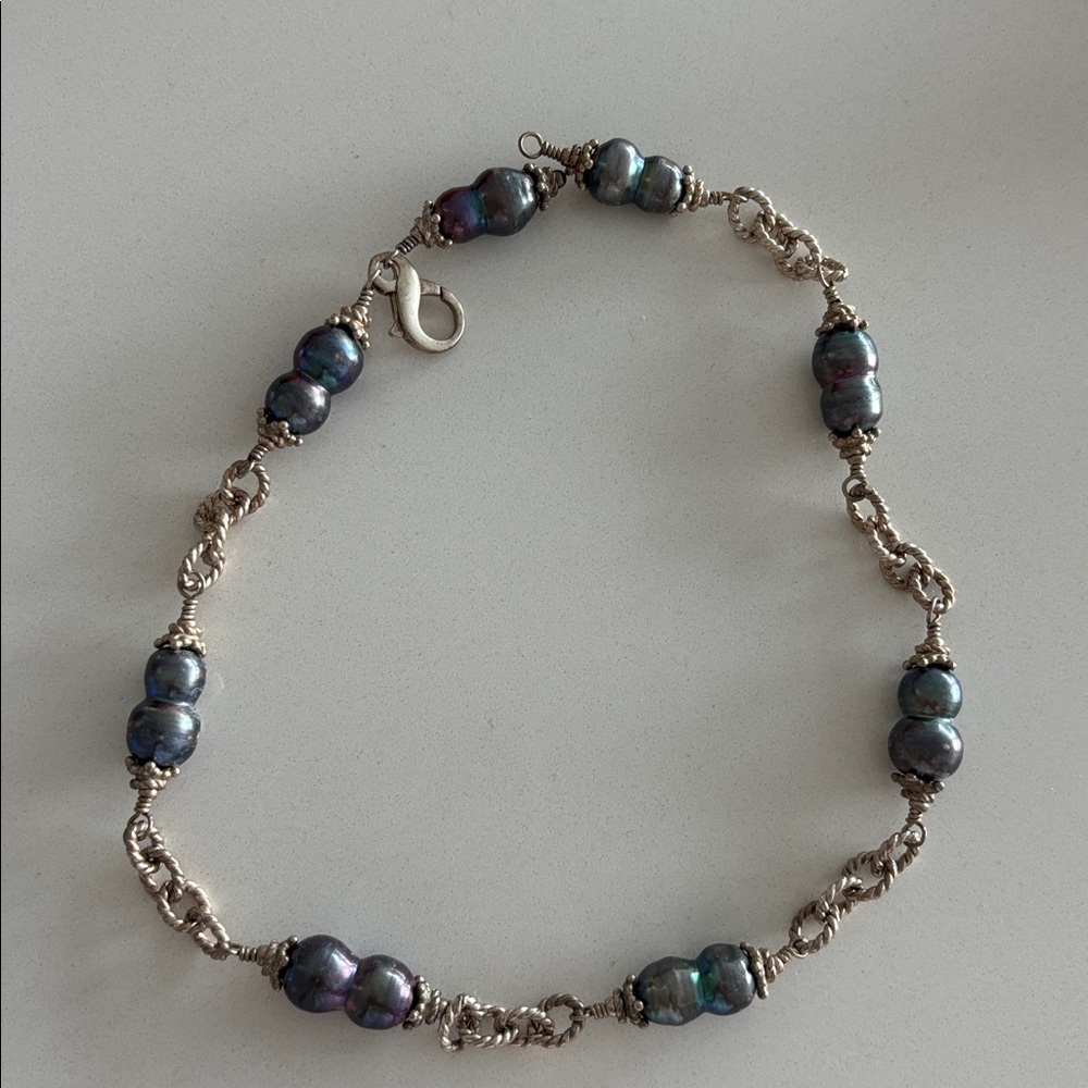 Silver Chain Necklace with Iridescent Black Pearls